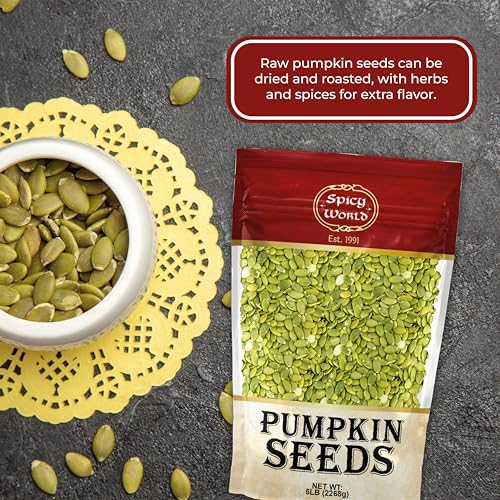 Raw Pumpkin Seeds 5 LB Jumbo Bag - Shelled, AAA Grade, Unsalted, Dry, Vegan, Bulk Bag by Spicy World