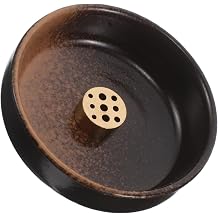 TEHAUX Ceramic Incense Holder Japanese Style 9-Hole Round Brass Burner Zen Incense Stick Holder Ash Catcher Tray with Crack and High Temperature for Meditation and Home Decor