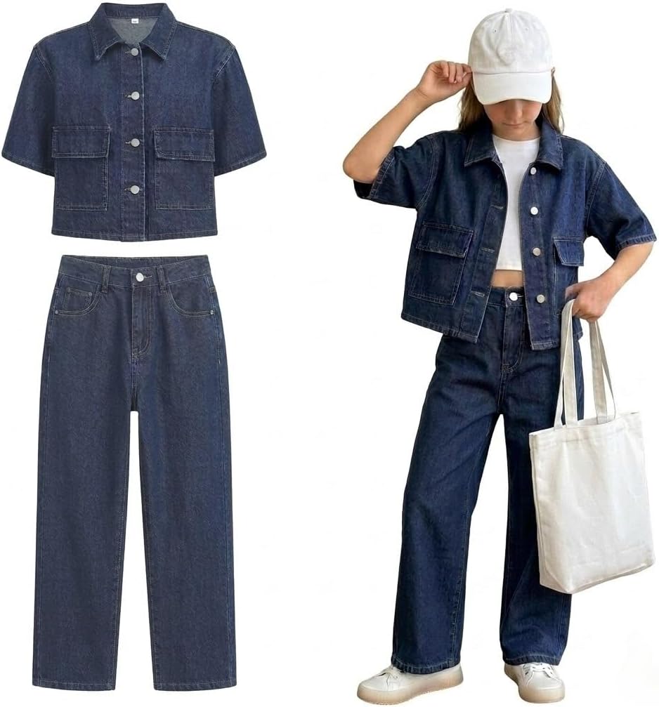 Girls 2-Piece Denim Set, 90s Vintage Short Sleeve Jacket & Straight-Leg Pants, Classic Casual School Outfit 8-12Y