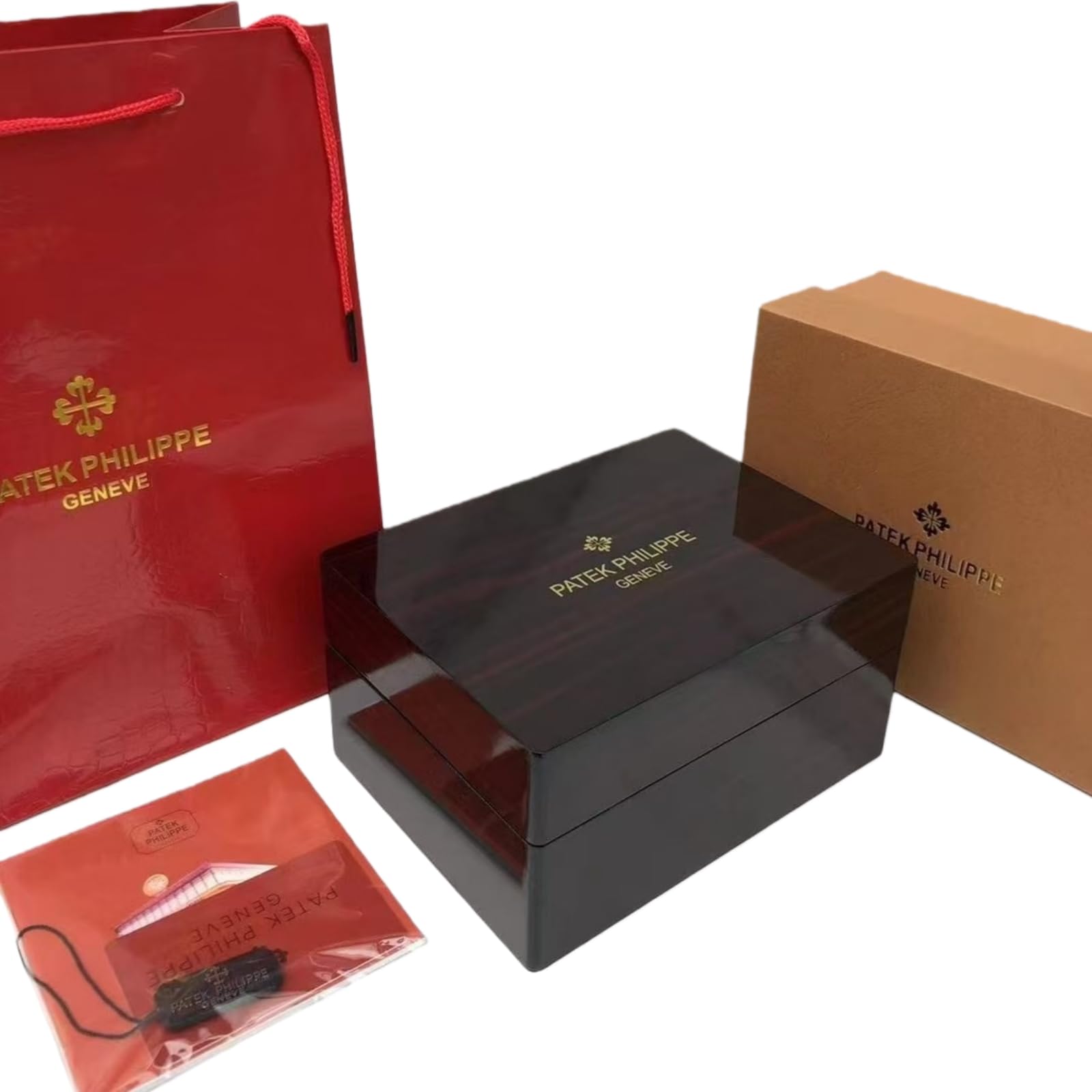 Caja Reloj Madera Caoba Oscura Lacado Piano Alto Brillo Interior Cuero Crema Estuche Almacenamiento Lujo para Patek Philippe