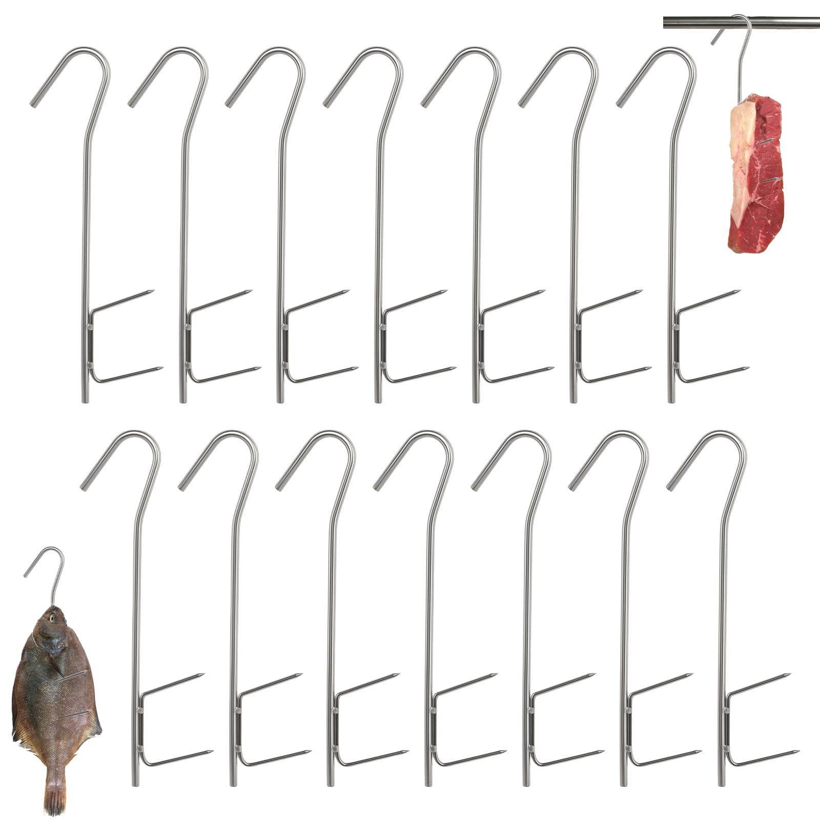 14 Stück Räucherhaken, Fleischerhaken Edelstahl Fleischhaken H-Form 21cm Silver Profi, Groß Fleischerhaken für Fleischverarbeitung Räuchern Fisch Forelle Lachs