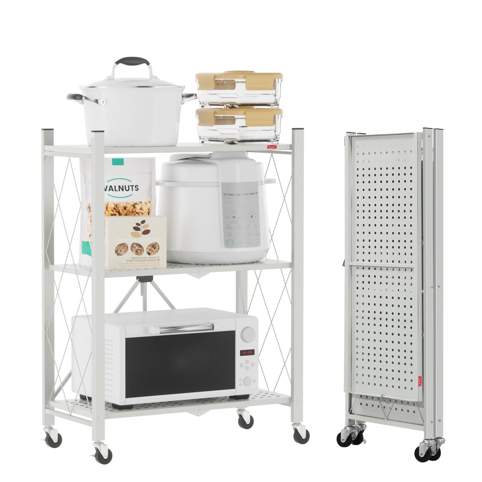 DEANIC Klappregal, 3 Regal Bücherregal, Küchenregale mit Rollen, Metallregal zur Aufbewahrung für Wohnzimmer, Speisekammer (61 x 85 x 28 cm,Grau)