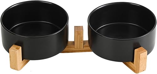 2Pcs Ceramics Pet Bowls on Stand with Wooden frame Black
