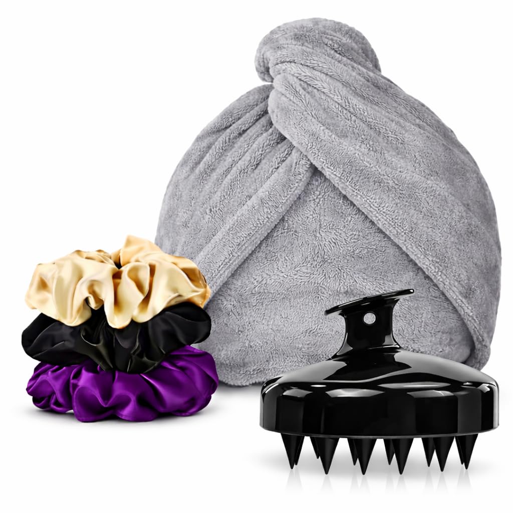 attune hair care combo set – quick dry microfiber hair towel wrap, satin scrunchies & silicone scalp massager | anti-frizz, hair fall control, hair growth support | hair spa kit for women (grey)
