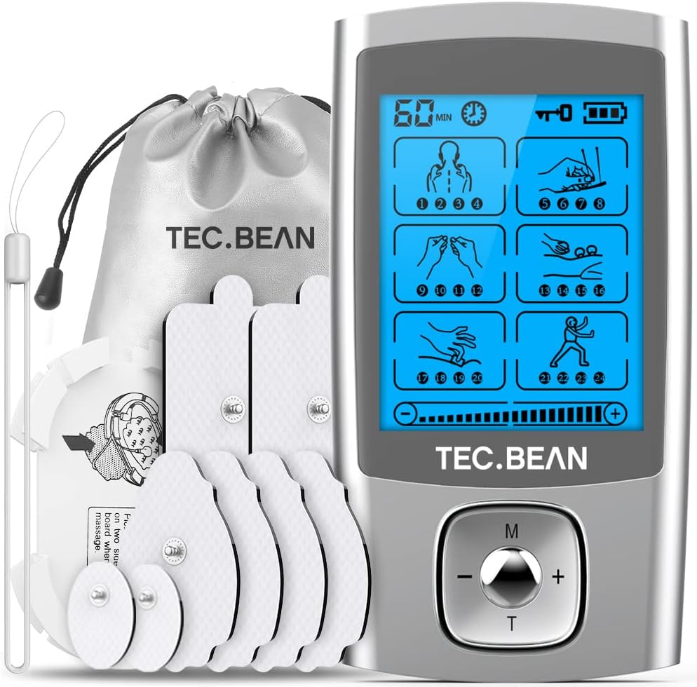 TENS EMS Unit 24 Modes Muscle Stimulator, TEC.BEAN Rechargeable TENS Machine Massager with 8 Electrode Pads (American Gel), Electric Pulse Massager for Pain Relief Therapy : Health & Household