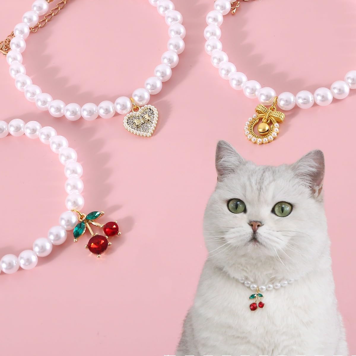 Tyqour 2-Pack Pearl & Diamond Dog Collars - Adjustable Beaded Cat/Dog Necklace For Small Breeds (Blue & Pink)