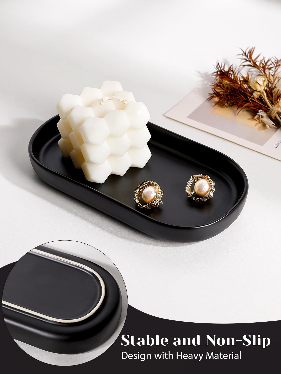 Juego de 2 bandejas de cerámica para tocador, organizador de encimera para perfume, joyas, jabón, almacenamiento decorativo para baño, tocador, tanque de inodoro