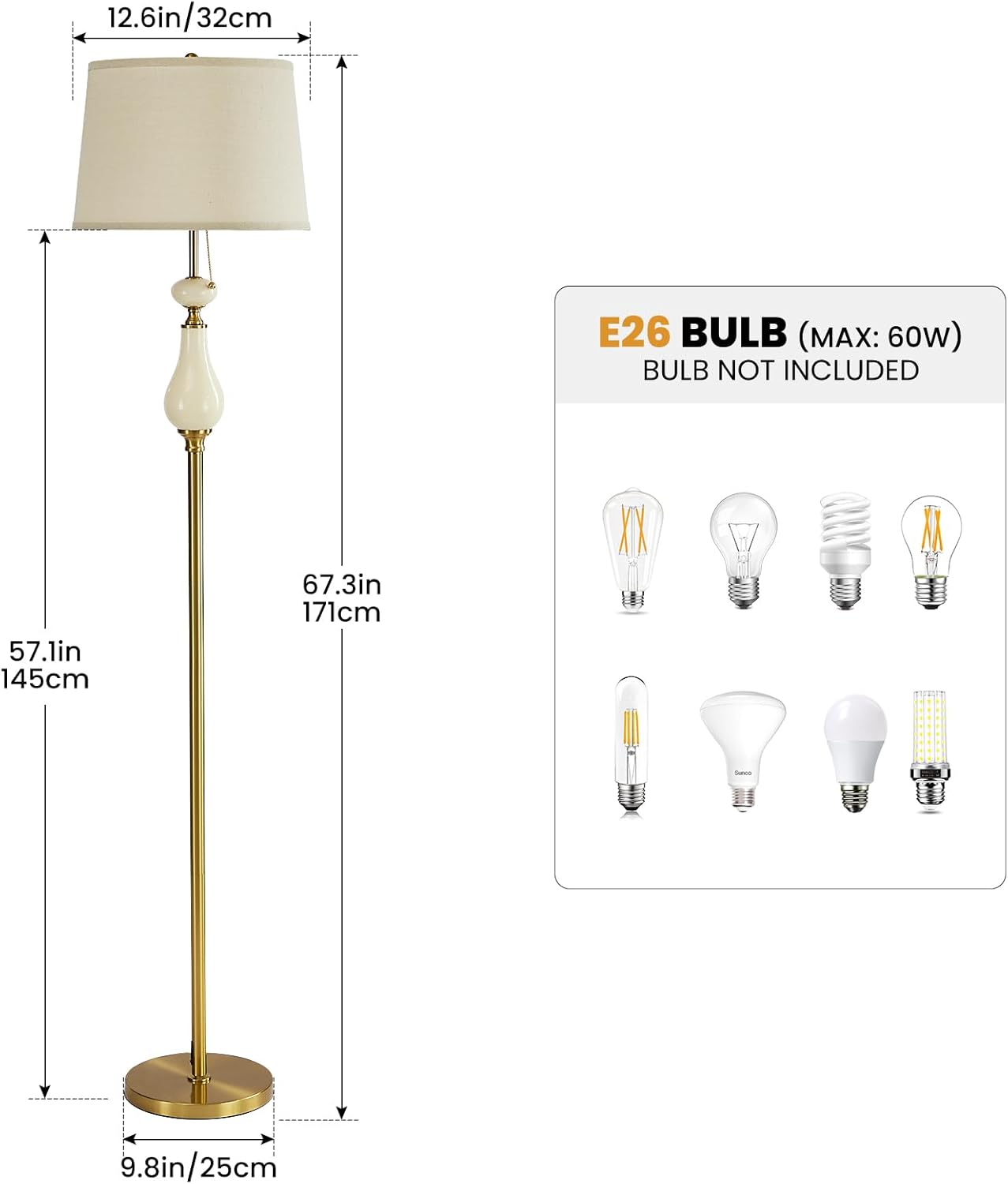 Dimmable Ceramic Floor Lamp: 66" Rustic Farmhouse Mid Century Tall Standing Lamps with Soft Linen Shade for Living Room Bedroom Home Office Corner House Decor