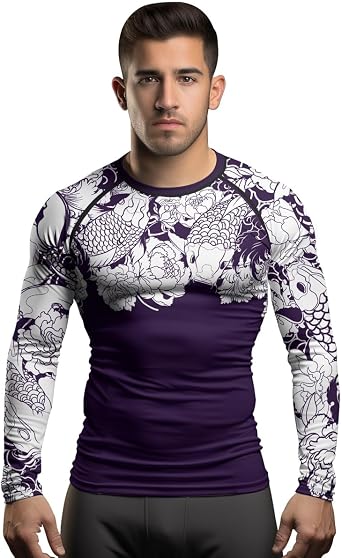 Japanese Koi Fish Ranked Long Sleeve Rash Guard for Men MMA BJJ Jiu Jitsu Base Layer Combat Shirt