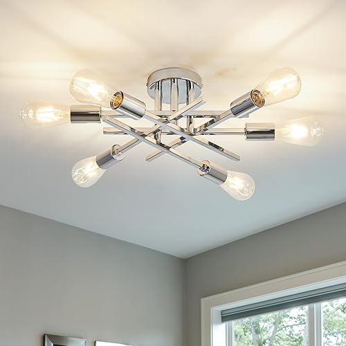ASGYISA 6-Lights Semi Flush Mount Ceiling Light Fixture Modern Chrome Matte Sputnik Chandelier Farmhouse Ceiling Lighting for Kitchen Bedroom Dining Room Living Room