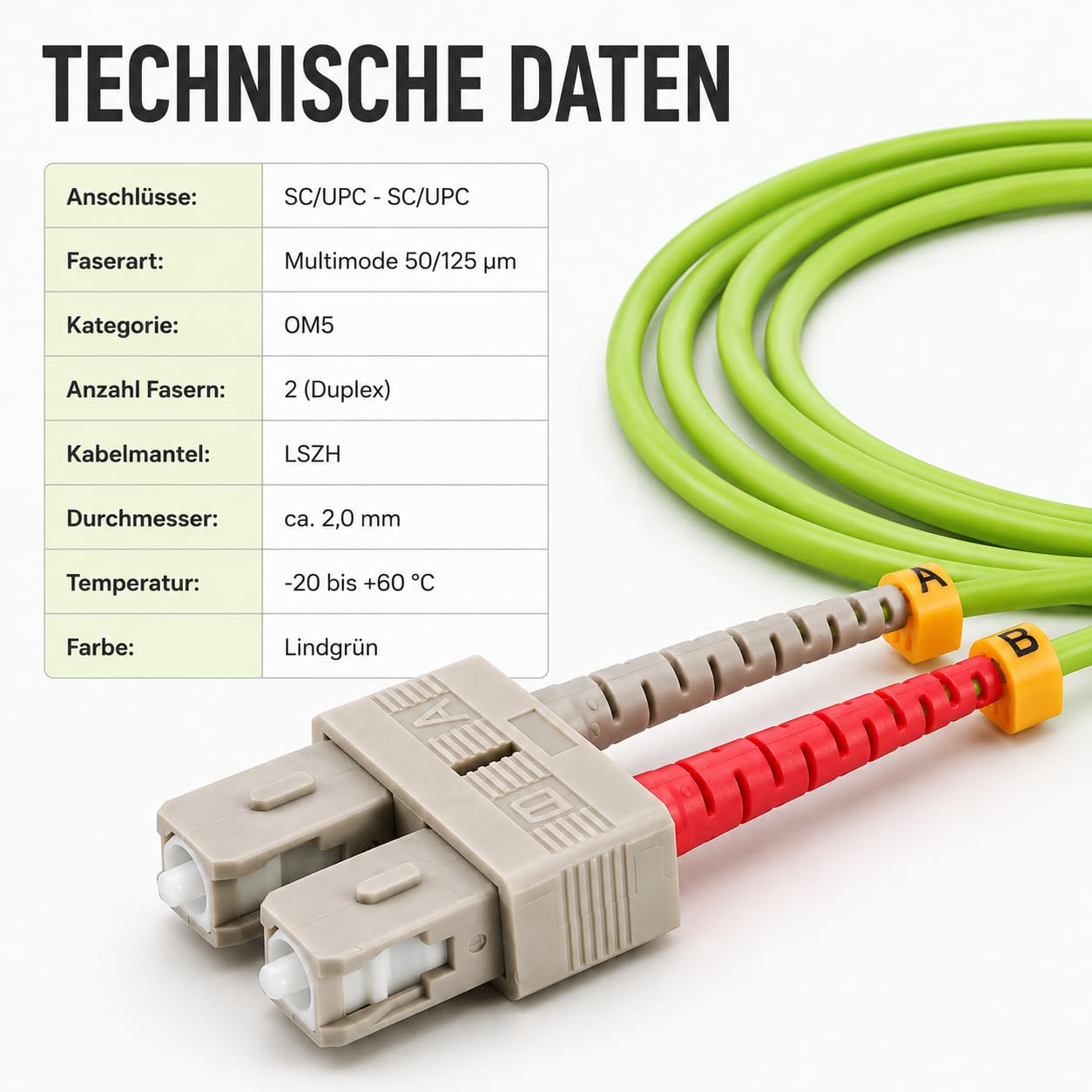 1 câble de brassage duplex OM5 LWL DX de 30 m, SC/UPC - SC/UPC MM multimode - 50/125 µm LSZH vert citron