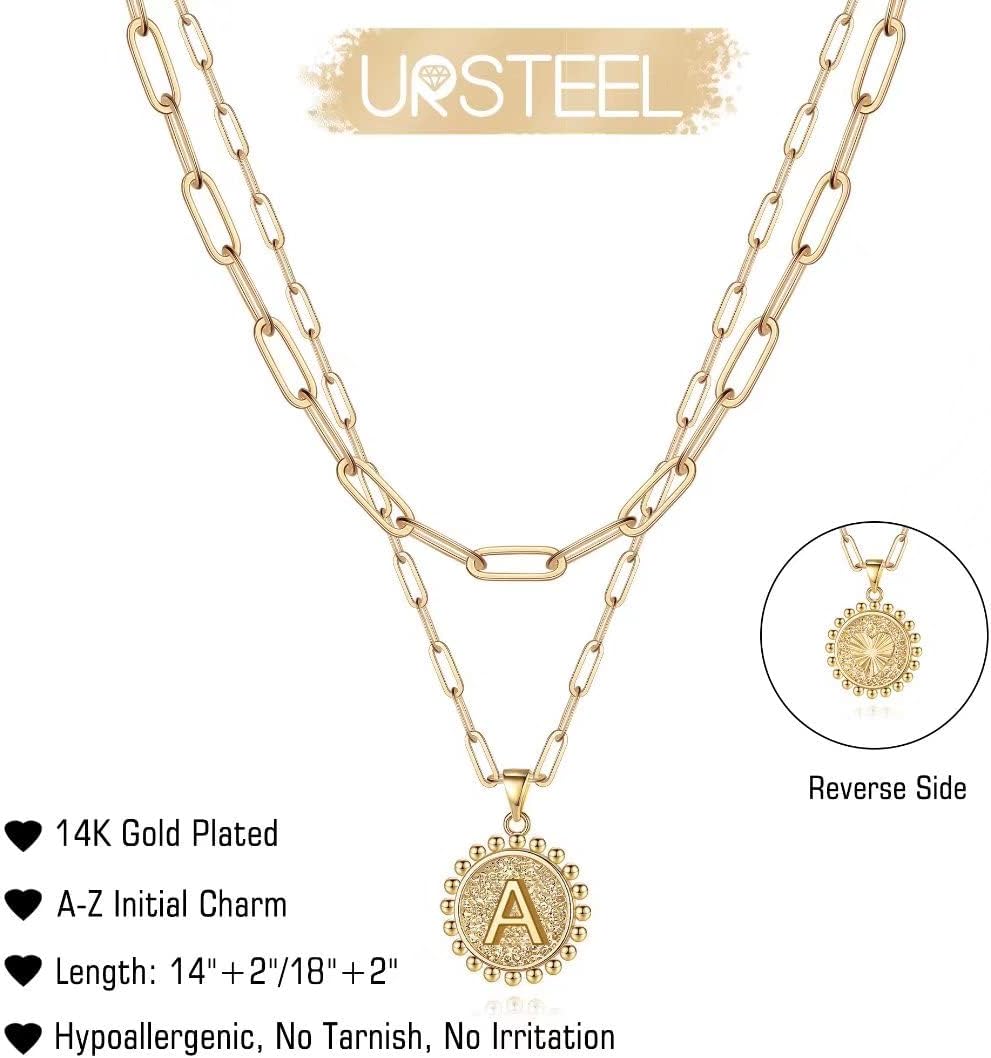 Ursteel Valentines Day Gifts for Her Women - 14K Gold Plated Dainty Initial Necklaces for Women Trendy, Layered Paperclip Chain Choker Pendent Jewelry Gifts
