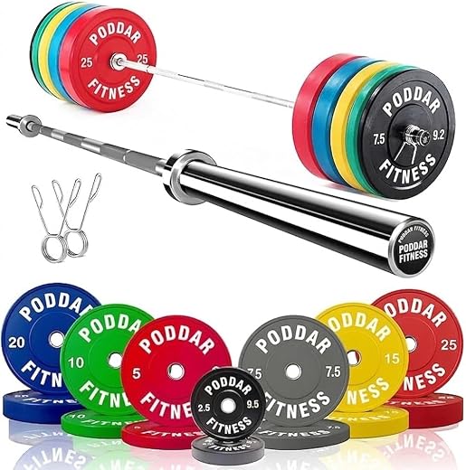 PODDAR FITNESS Bumper Plates with Olympic Barbell Set, 7 Ft, 50mm, Rubber, Multicolour, for Weightlifting, CrossFit and St...