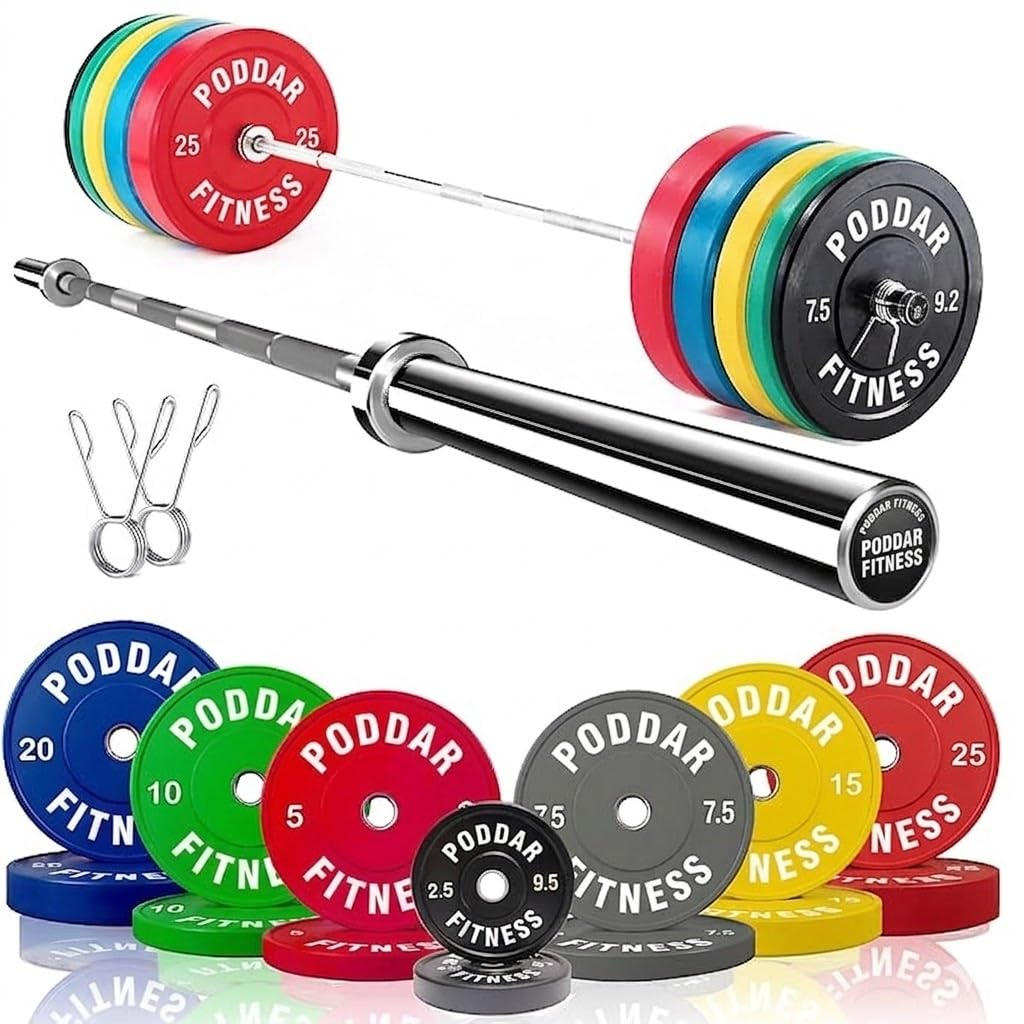 PODDAR FITNESS Bumper Plates with Olympic Barbell Set, 7 Ft, 50mm, Rubber, Multicolour, for Weightlifting, CrossFit and Strength Training ((30 KG Set(10KGx2+5KGx2))-image-34