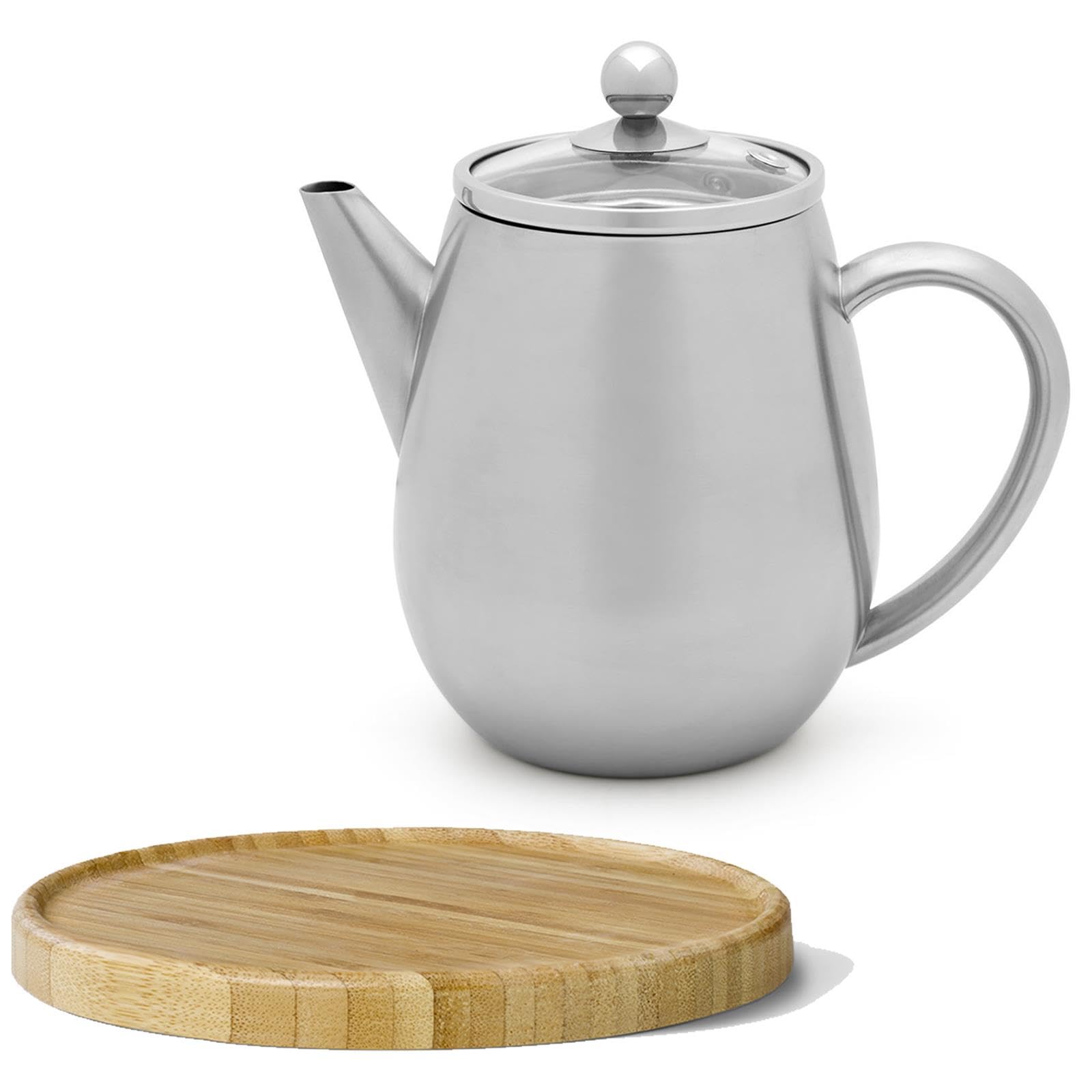 Bredemeijer Doppelwandige Mini Teekanne 0.5 Liter - silberne isolierende Edelstahl Kanne Set mit braunem Holzuntersetzer & Tee-Filter-Sieb-Einsatz - für lose Teesorten
