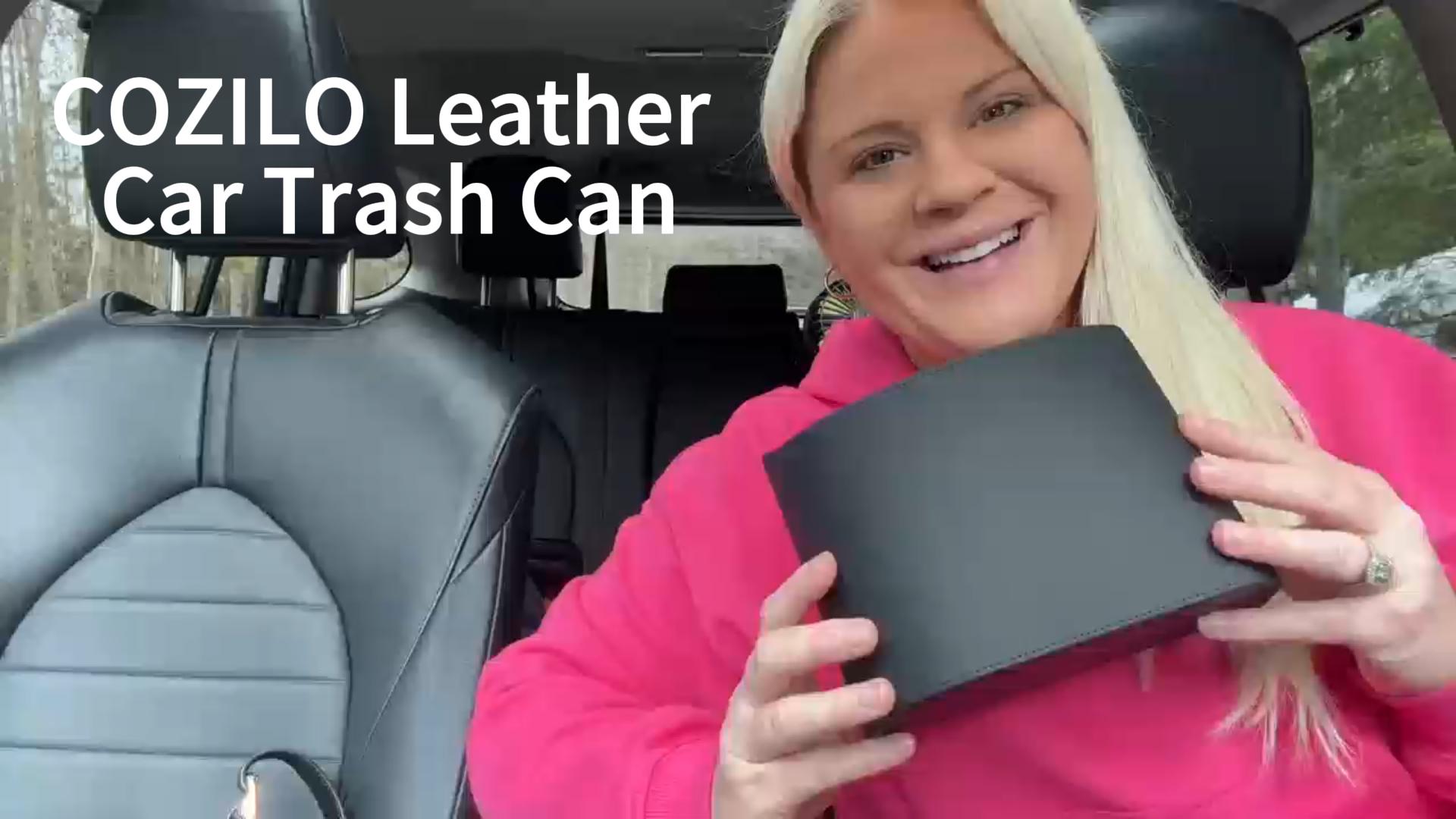 Image of COZILO Leather Car Trash Can - Leakproof & Easy-to-Clean Car Garbage Can for Luxury Cars, SUVs & Trucks | Includes 60 Custom Liners, Secure Hook, Easy Install, Black