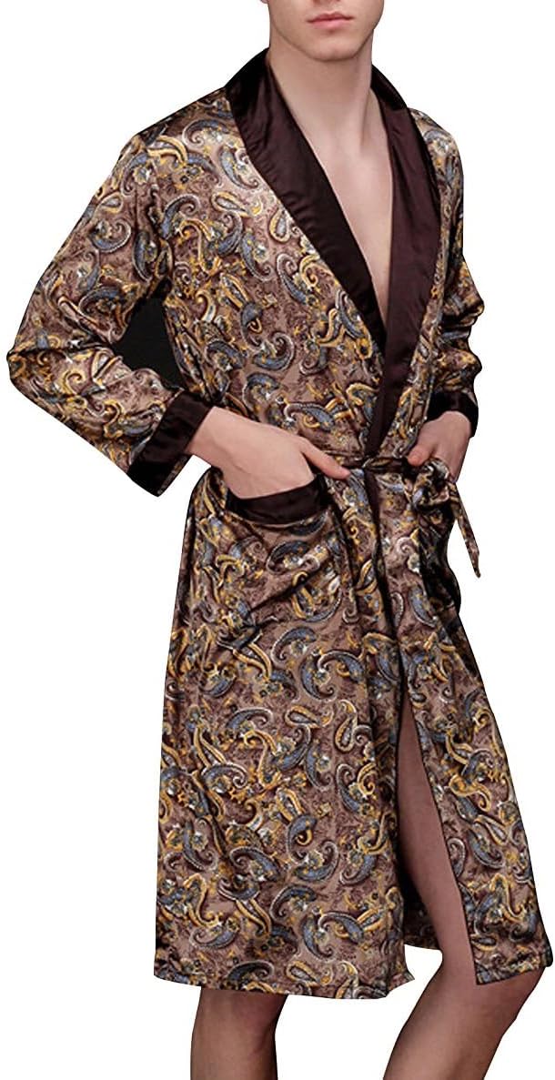 Mens Silky Satin Lounge Robe, Long Lightweight Sleepwear