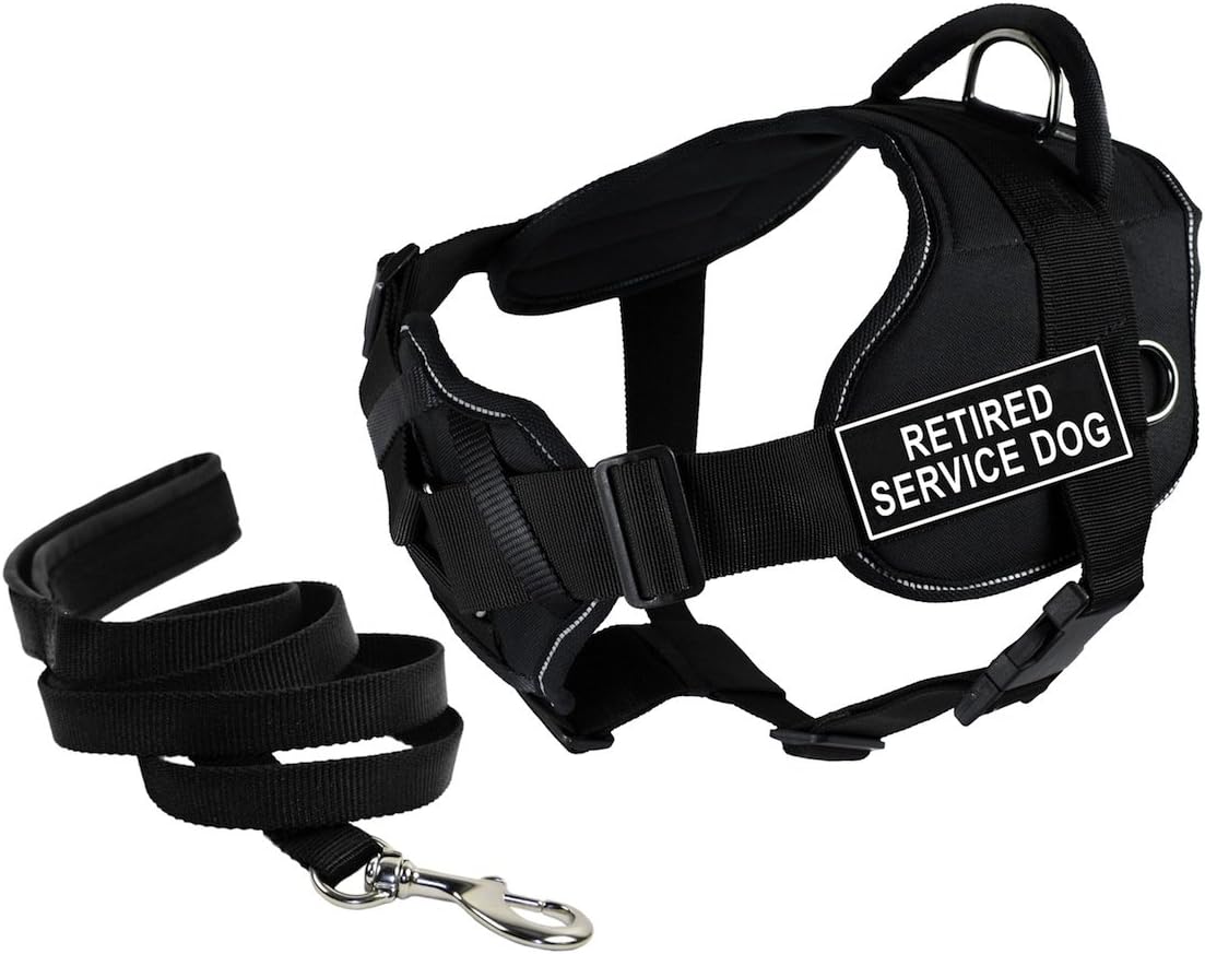 Dean & Tyler Bundle "DT Fun" 34 to 47-Inch Black Retired Service Dog Reflective Harness with Chest Support, Padded Puppy Leash and 6-Feet Stainless Steel Snap