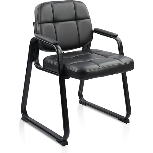 CLATINA Waiting Room Guest Chair with Bonded Leather Padded Arm Rest for Office Reception and Conference Desk Black with Sled Base