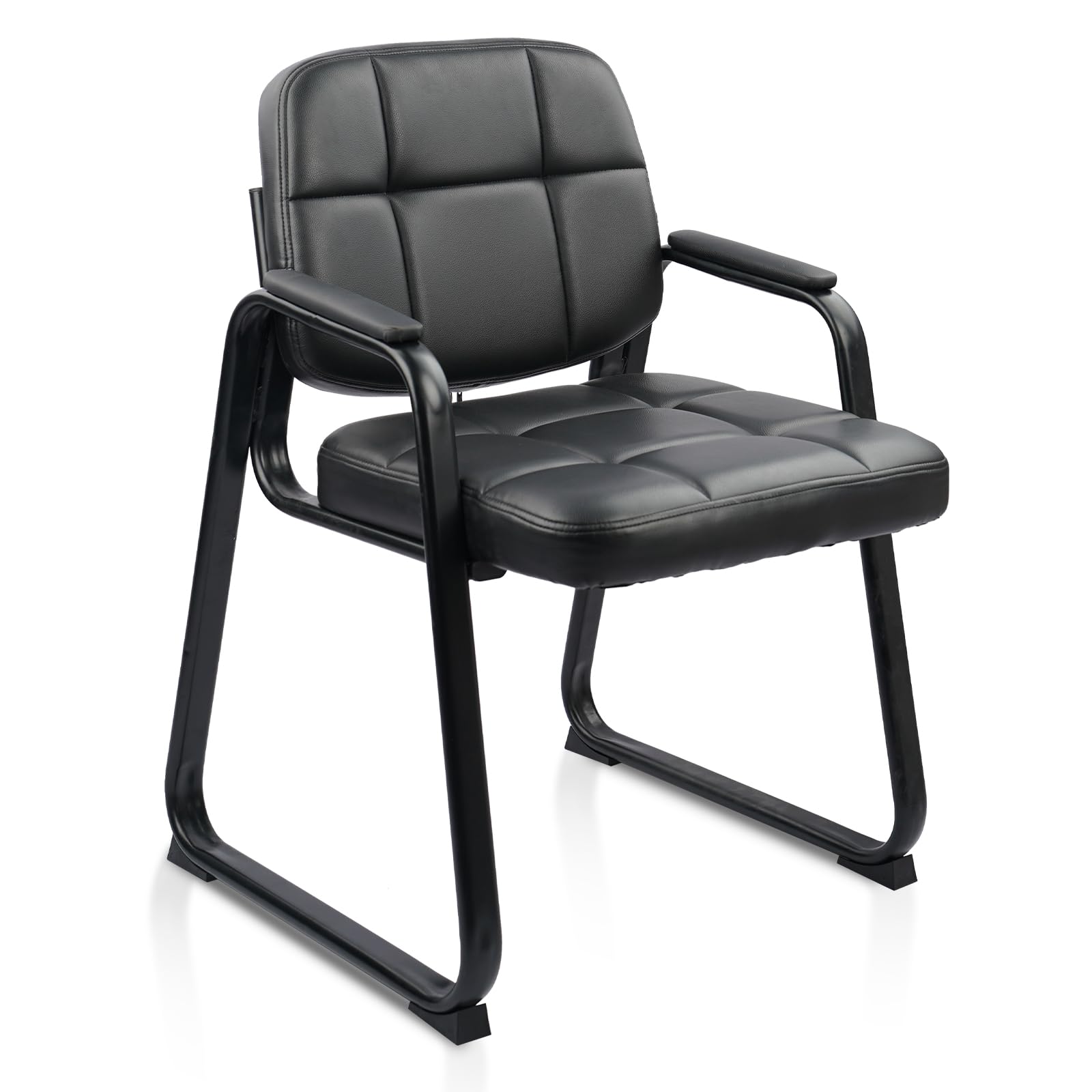 CLATINA Waiting Room Guest Chair with Bonded Leather Padded Arm Rest for Office Reception and Conference Desk Black with Sled Base