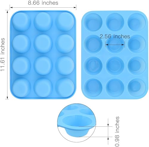 Miniatura 2 de homEdge Molde de silicona para magdalenas de 12 tazas, paquete de 2 moldes antiadherentes para magdalenas, tartas, bocados de huevo, color azul