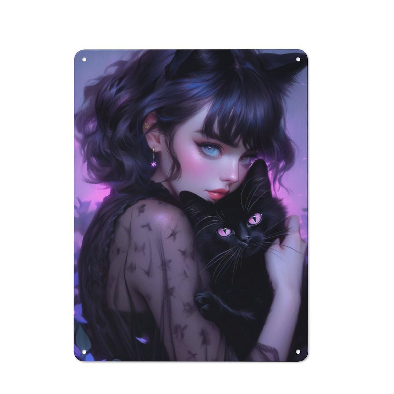 Junmoney Whimsical Gothic Cat Lady Metal Wall Sign 40X30cm, Modern Retro Loft Wall Plaque For Flat, Bar, Studio Or Gallery Wall