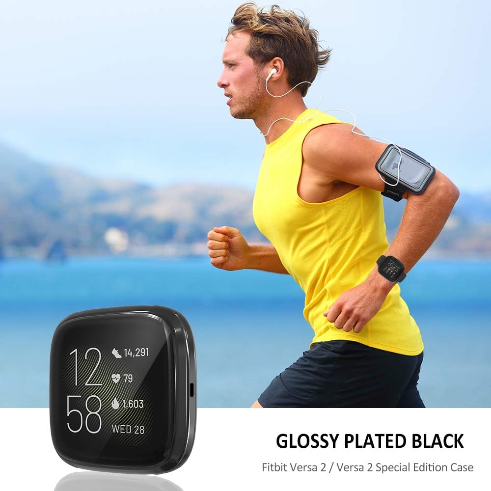 Goton Compatible for Fitbit Versa 2 Case, (3 Packs) Versa 2 Screen Protector HD Clear Soft TPU Full Cover Protective Bumper Case Compatible for Fitbit Versa2 (Black+Rosegold+Clear)
