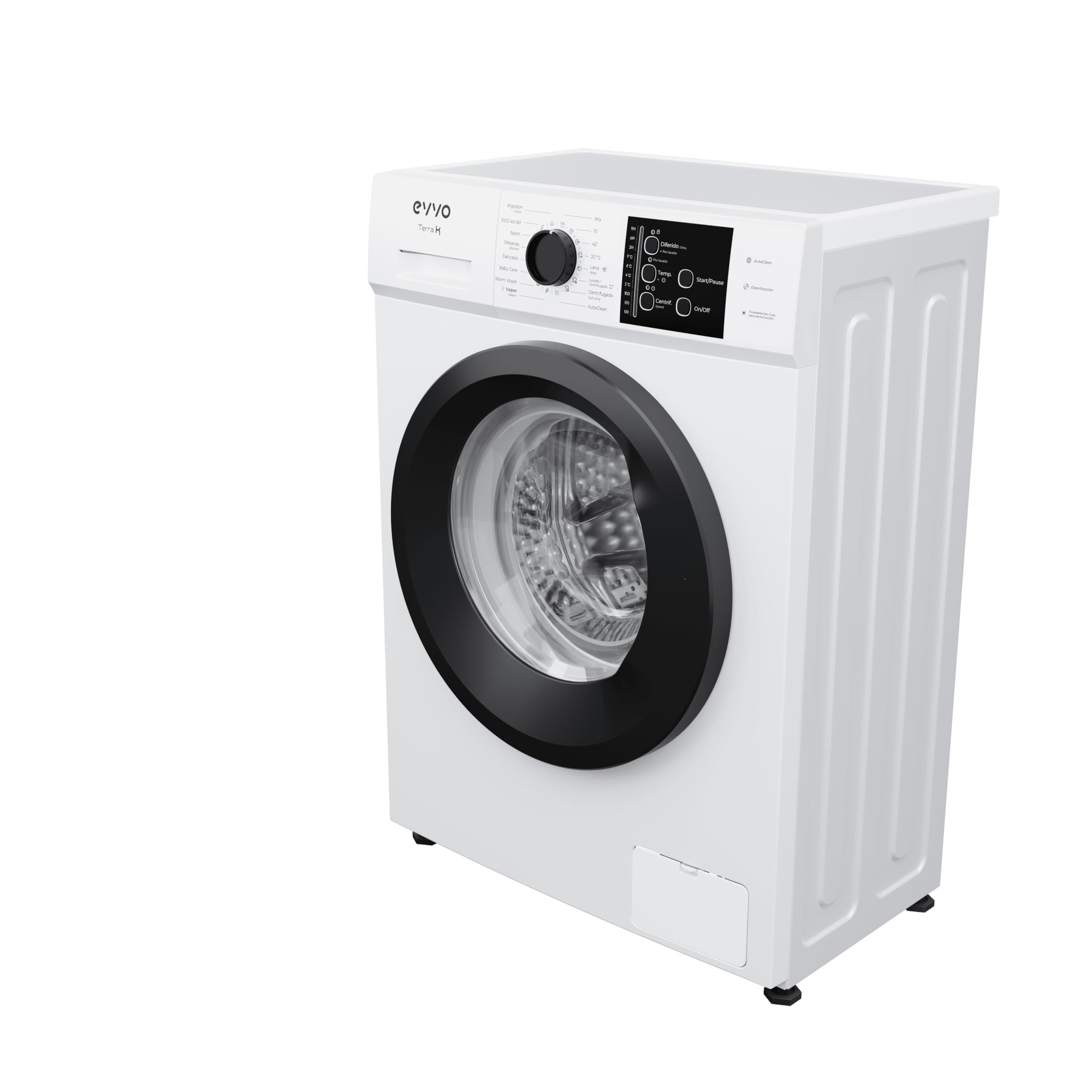 EVVO Lavadora Carga Frontal TERRA K7 - Lavadora Eficiencia Energética A, Motor eDRIVE Inverter, Función Vapor, 1000-1200 RPM, 16 Programas, Lavado Rápido, Limpieza de Tambor, Fondo Estrecho 44 cm