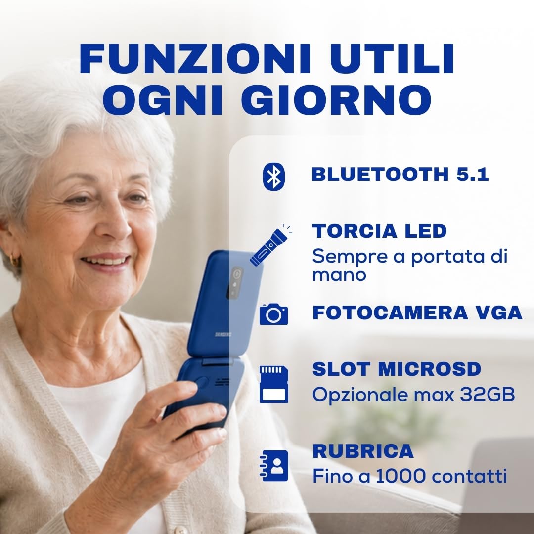 SAIET SHELL 4G Cellulare per Anziani Flip con Tasti Grandi, Audio Alto, SOS | Telefono Flip Senior Facile da Usare con Display 2.8" e Caratteri Grandi, Base di Ricarica, Torcia e Fotocamera - Blu