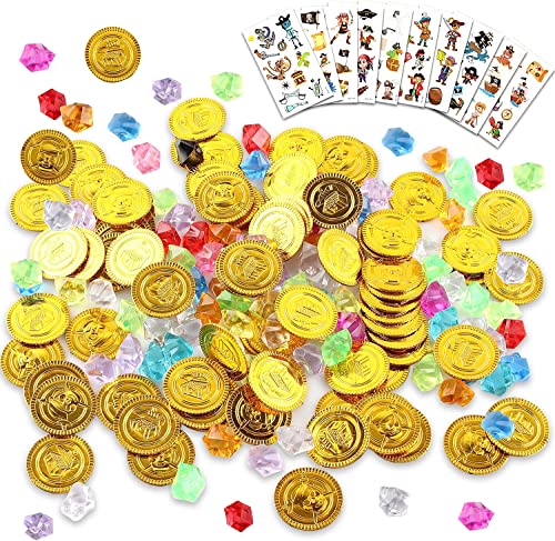 WDJLNZB Pirate Pièces d'or et Bijoux, Pirate Pièces d'or Enfants Jouets Le Trésor de Chasse, Jouets Enfants Halloween en Plastique Trésor pour Le Trésor Chasse Jeu Décoration de Fête (160+10)