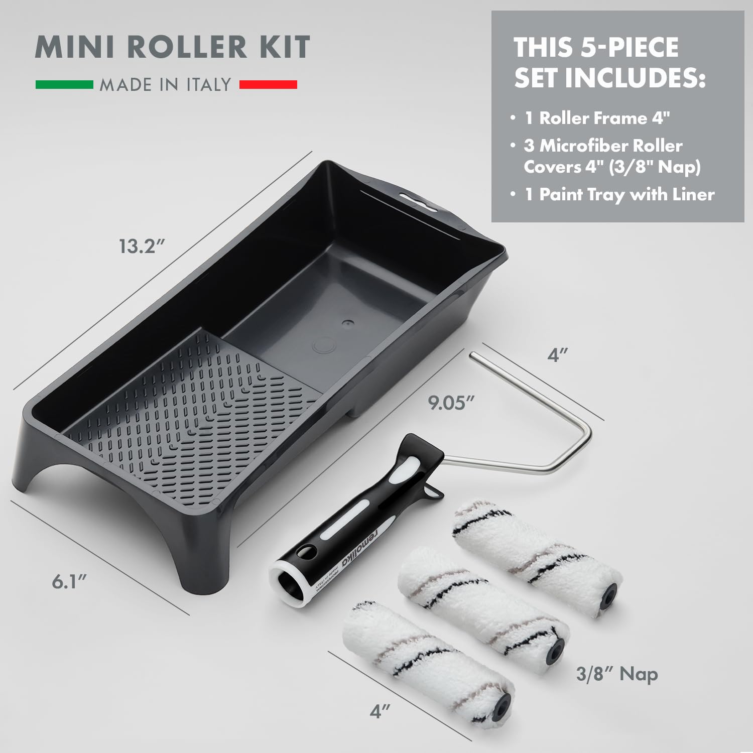 Kit de 5 mini rodillos de pintura, fabricado en Portugal, 3 cubiertas de rodillo de microfibra de alta calidad de 4 pulgadas, un marco de rodillo y una bandeja de pintura, para profesionales