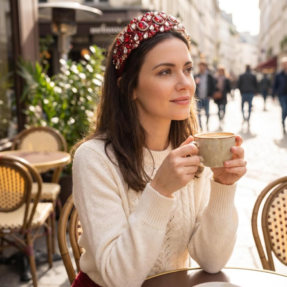 XSKL Baroque Fashion Hair Hoop Accessories,Gorgeous Hair Accessories for Women,Rhinestone Satin Padded Crystal Headband for Girls (Red, M)