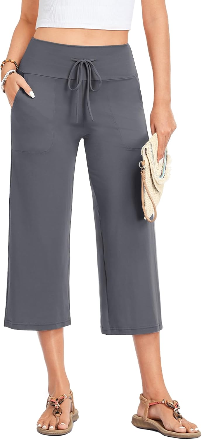 ZOOSIXX Capri Pants for Women - Wide Leg Loose Casual Trousers with Pockets Summer High Waisted Drawstring Pants thumbnail