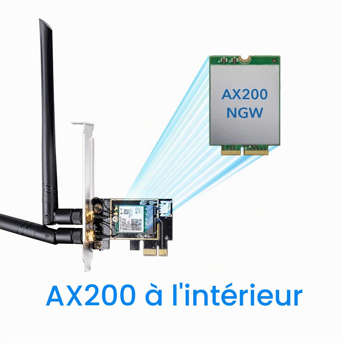 Cudy WE3000 Ax3000 Carte WiFi 6 PCIe pour PC, 2402Mbps + 574Mbps, AX200, OFDMA, Bluetooth 5.0/4.2/4.0, Windows 10 | Support Win10/11 64-bit; 2.4/5GHz Double Bande 2402+574 Mbps; 1024-QAM Tech; WPA3 Sécurité; MU-MIMO OFDMA; Deux 5dBi Antennes