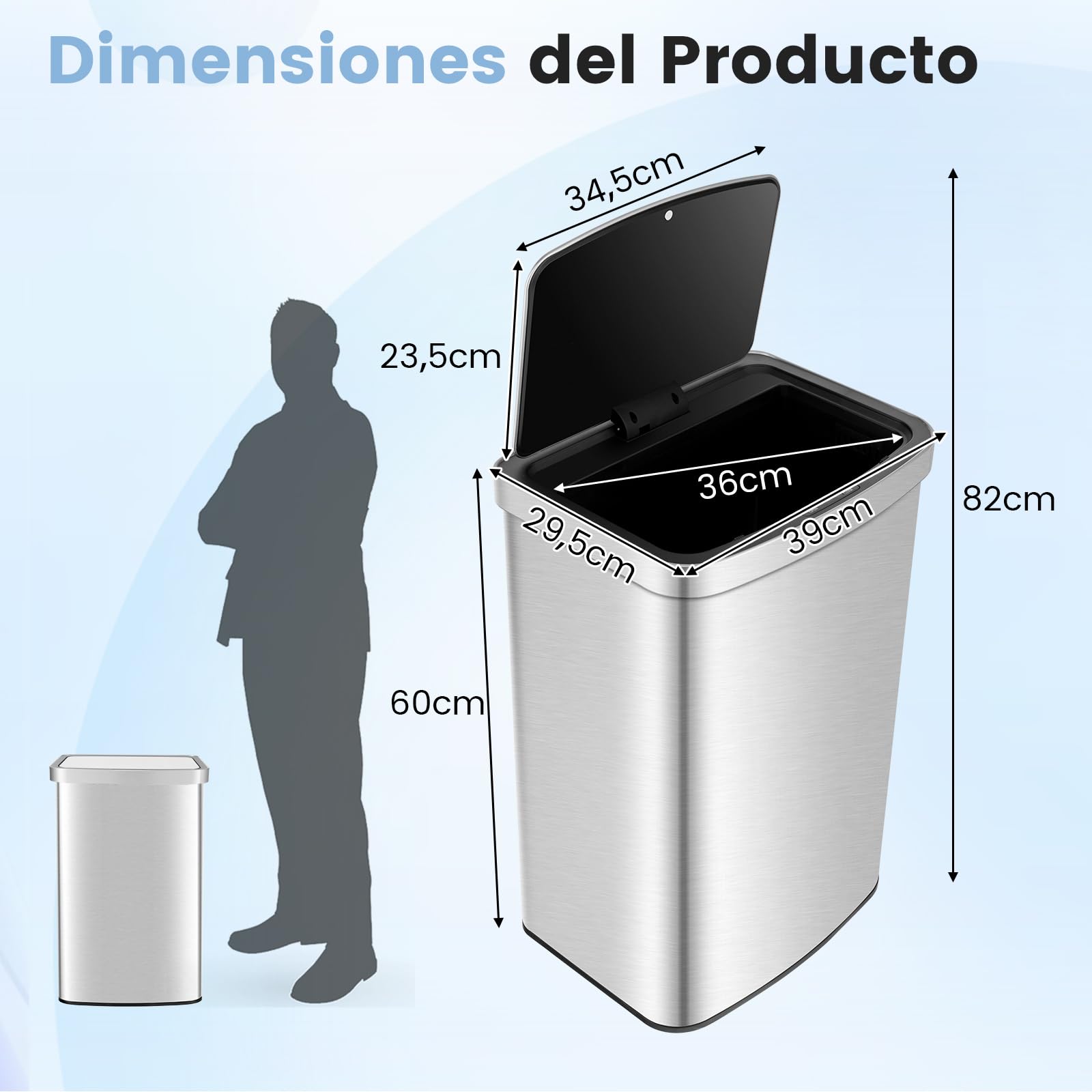 COSTWAY Cubo de Basura Cocina de 50L, Papelera Cocina Rectangular con Sensor de Movimiento Infrarrojo con Tapa de Cierre Suave, Cubo de Basura Automático para Cocina, Baño, Oficina, 39 x 29,5 x 82 cm