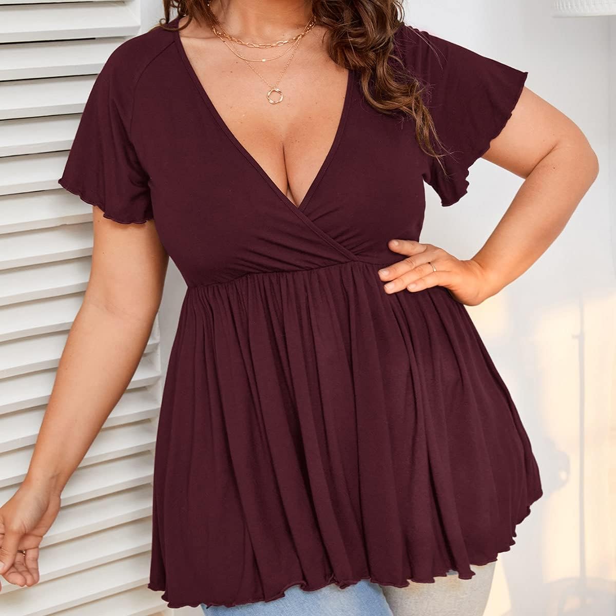 SweatyRocks Women's Plus Size Short Sleeve Deep V Neck Ruffle Hem Blouse Pleated Flared Peplum Top - Image 6