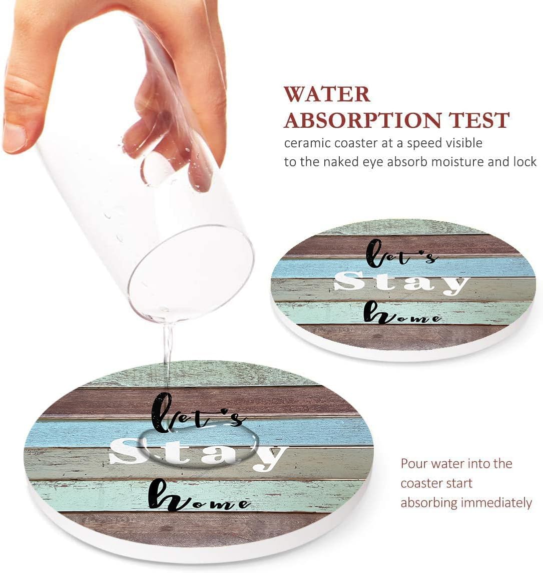 Coasters for Drinks Set of 6, Farmhouse Wood Home Happy Saying Phrase Absorbent Round Ceramic Stone Mat, with Cork Base and Metal Holder, Gift for Housewarming Room Bar Decor - Image 3