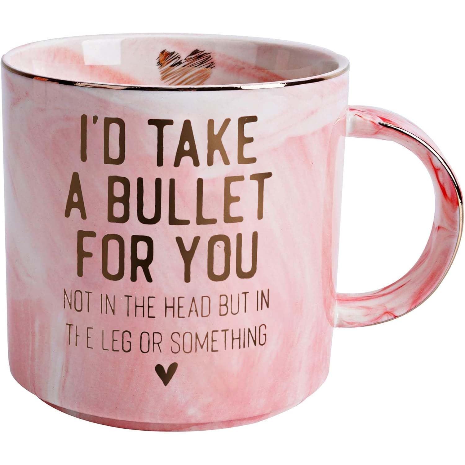 Best Friend Birthday Gifts for Women - Funny Friendship Gift for Bestfriend, Besties, BFF, Sister, Boss Woman, Big Sis, Sorority - I'd Take a Bullet for You - Cute Pink Marble Mug, 11oz Coffee Cup