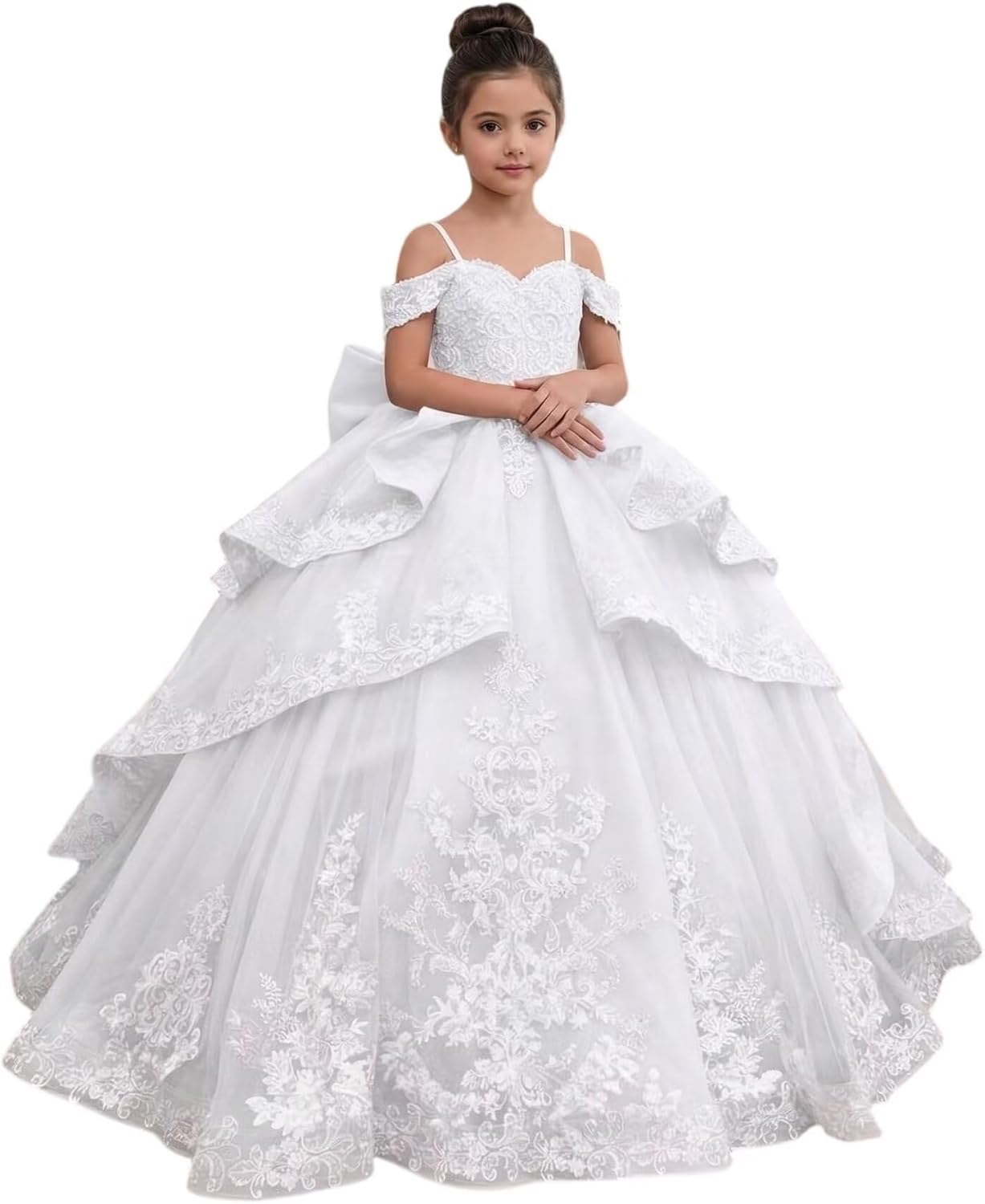 Lace Applique Flower Girl Dresses for Wedding Off Shoulder Girls Pageant Ball Gowns Elegant Kids Princess Party Gowns