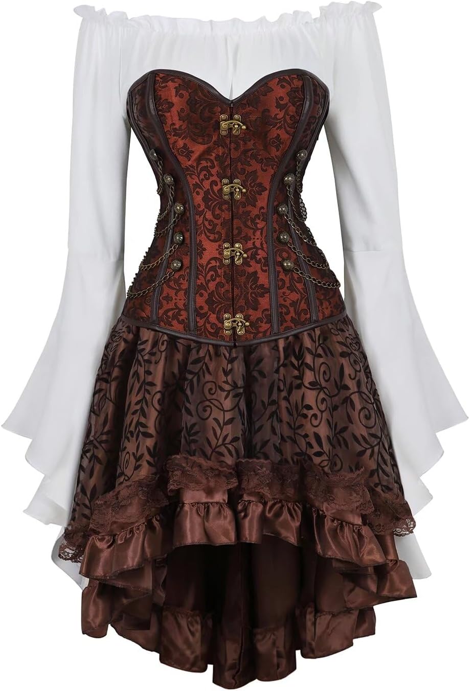 Jutrisujo Corsets for Women Steampunk Leather Corset 3 Piece Retro Gothic Outfits Bustiers Skirt Top Pirate