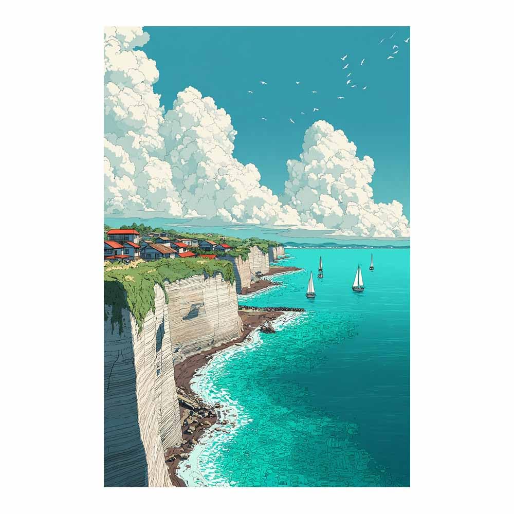 HOQIU Natural scenery wall art Anime Cliffside Village decorative painting, wall art, for Living Room Bathroom Bedroom Kitchen Decoration.(Multicolor)-60x80cm Unframed