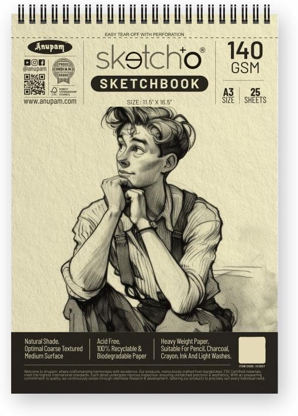 Anupam SketchO Sketch Book A3 Top Spiral Bound Sketchpad Acid Free Paper 140 GSM for Artists, Professional (25 Sheets, 50 Pages)