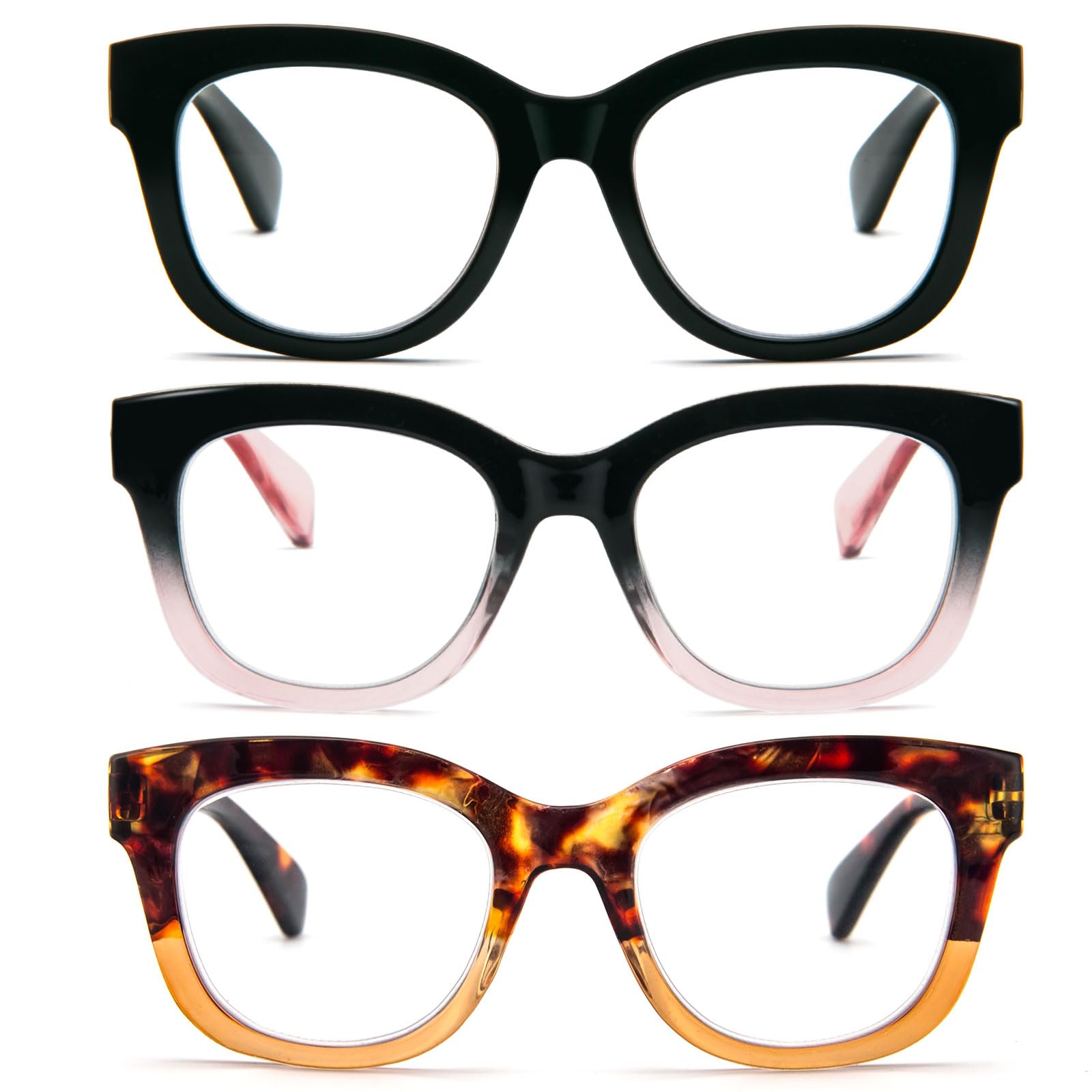 KoKoBin 3-Pack Oversized Reading Glasses For Women Blue Light Blocking Readers with Spring Hinge Ladies Computer Readers (Black、Black Pink、Tortoiseshell Tea