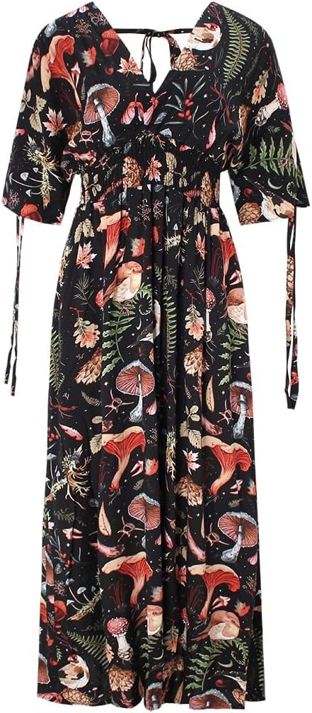 Casual Summer Dresses for Womens Mushroom Print Sundresses Women's Black Floral Date Dress Maxi Vacation Dress - Image 6
