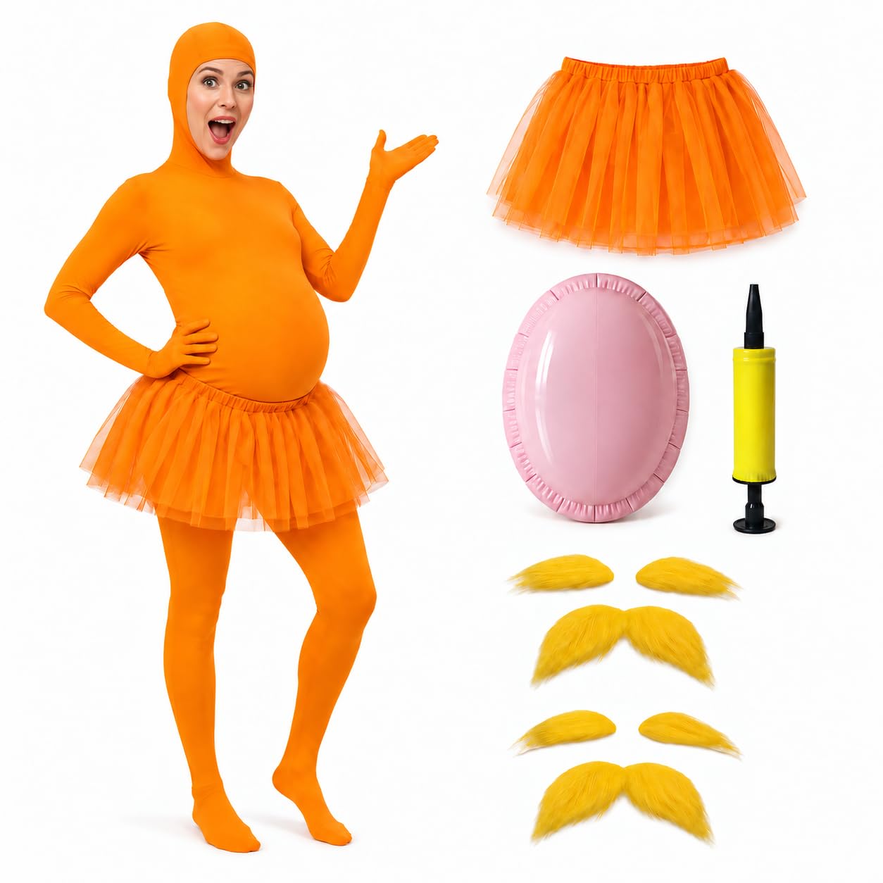 6pcs Orange Jumpsuit with Tutu Skirt Fake Belly 2 Pairs Mustache Eyebrows XX-Large