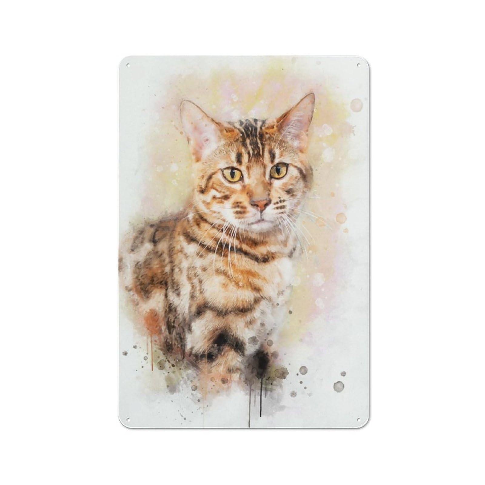 Junmoney Style-9 Metal Wall Plaque With Bengal Cat Watercolor Design 30X20cm, Retro Small Space Decor For Flat, Dorm Room, Lounge Or Cafe