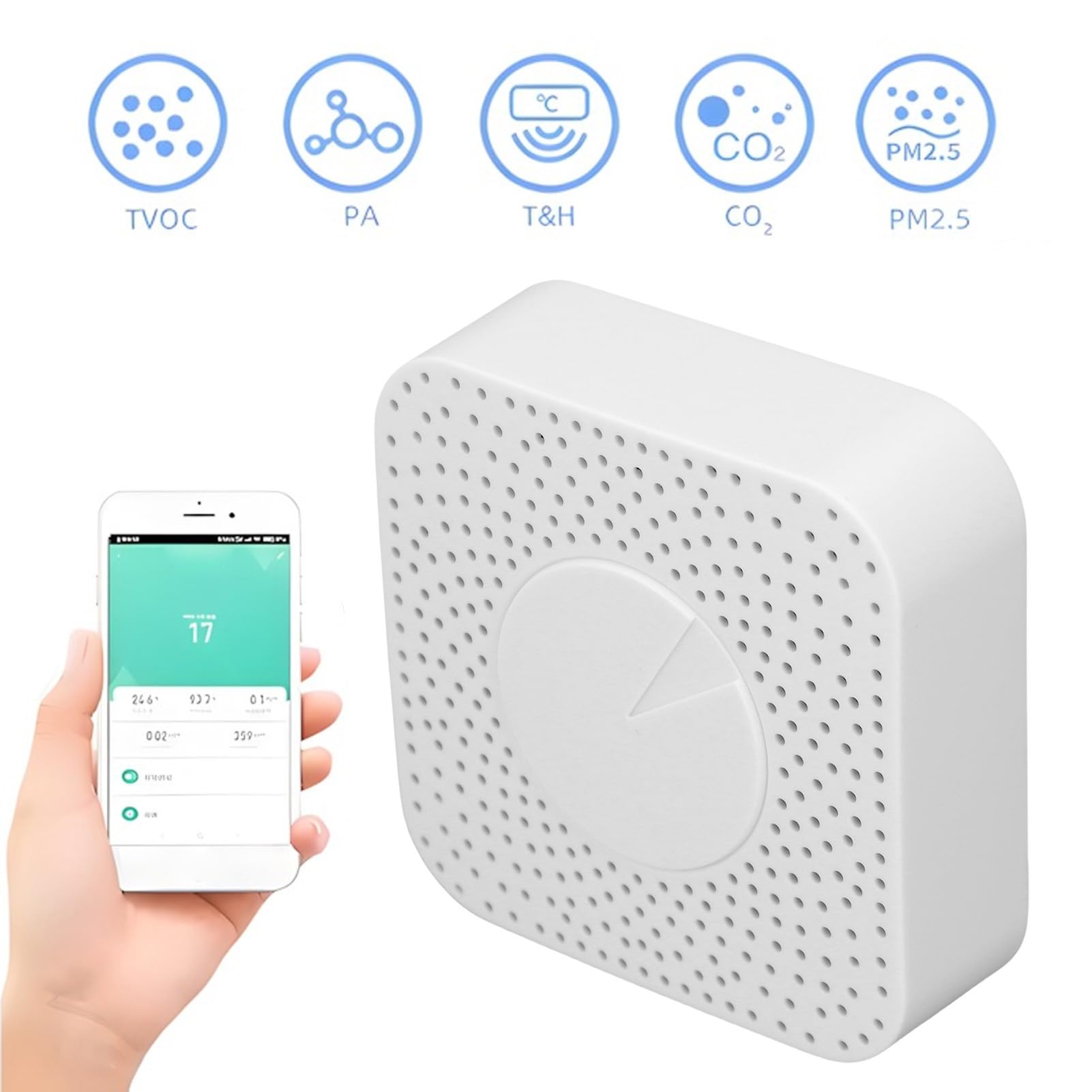 Eujgoov Rilevatore di qualità dell'aria per Casa Intelligente Monitor della qualità dell'aria Interna in ABS con Controllo APP 6 in 1 HCHO VOC CO2 PM2.5 Monitoraggio 'umidità della Temperatura per