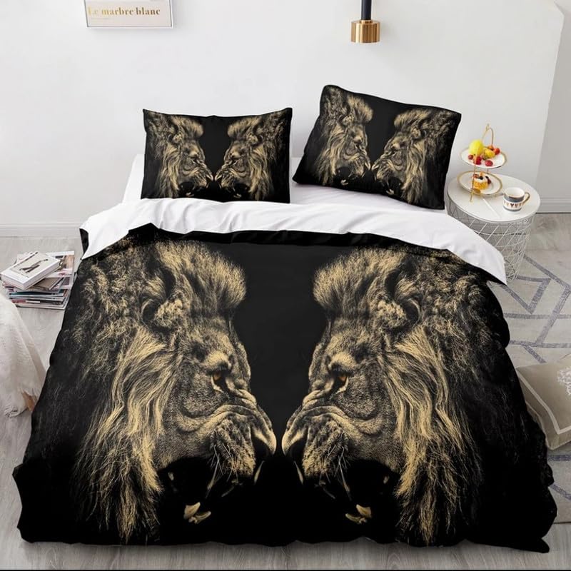 Housse de couette 240 x 260 en microfibre de 110g/㎡ au design lion noir texturé