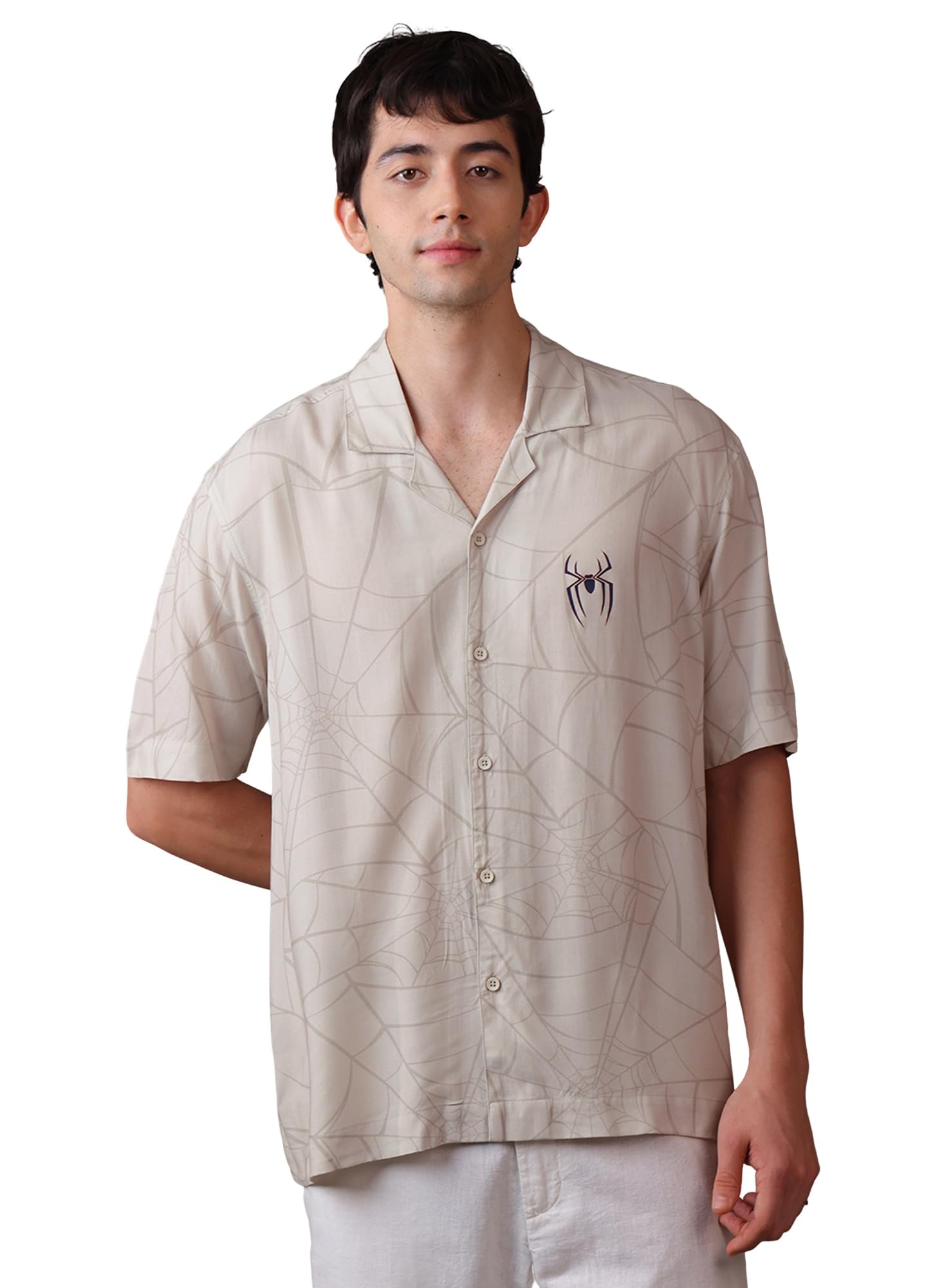 Official Marvel Comics Spider-Man Allover Graphic Printed Rayon Casual Relaxed Fit Shirt Button Down Breathable Soft Lightweight Short Sleeve Shirts-image-1