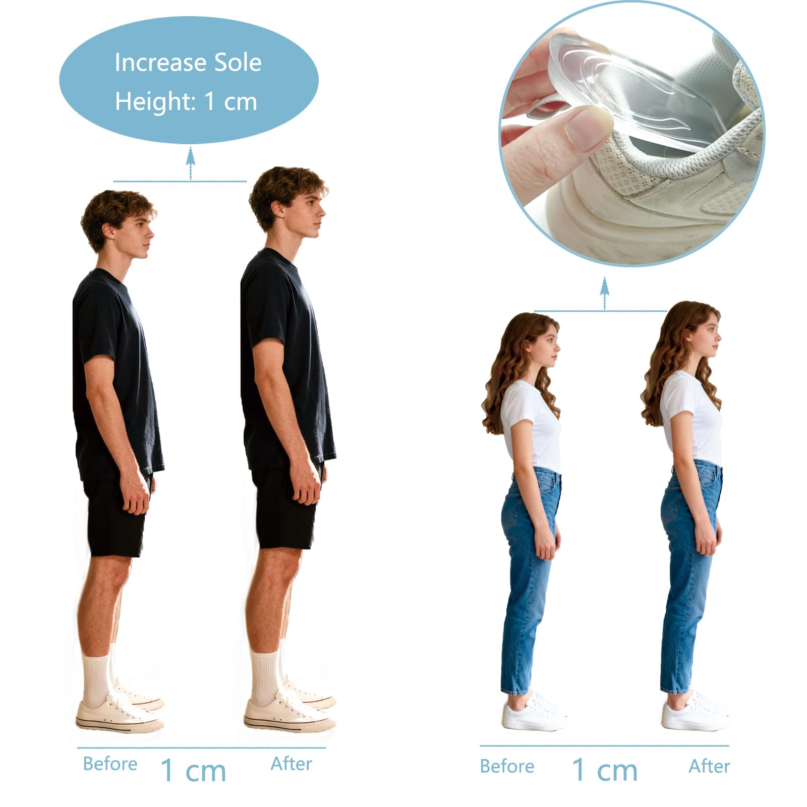 2 Pares Talonera Taloneras Silicona Almohadill Transparente Fascitis Plantar Plantillas Elevadoras Gel Espolon de Aumento de Altura, Alzas para Zapatos Mujer Hombres (1 CM)